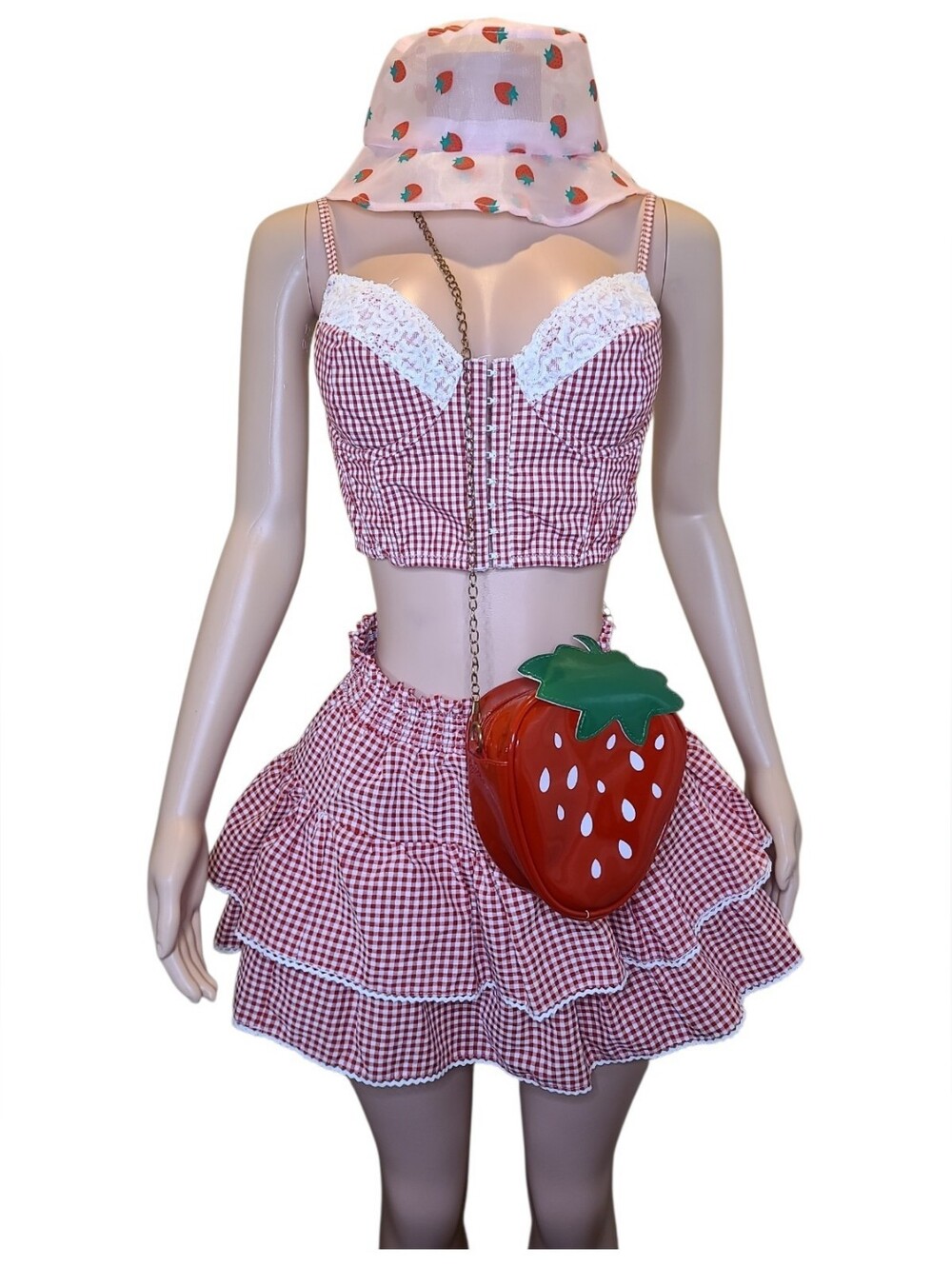 Halloween Sexy Red Gingham Strawberry 5Pc Costume Set Festival Outfit Large